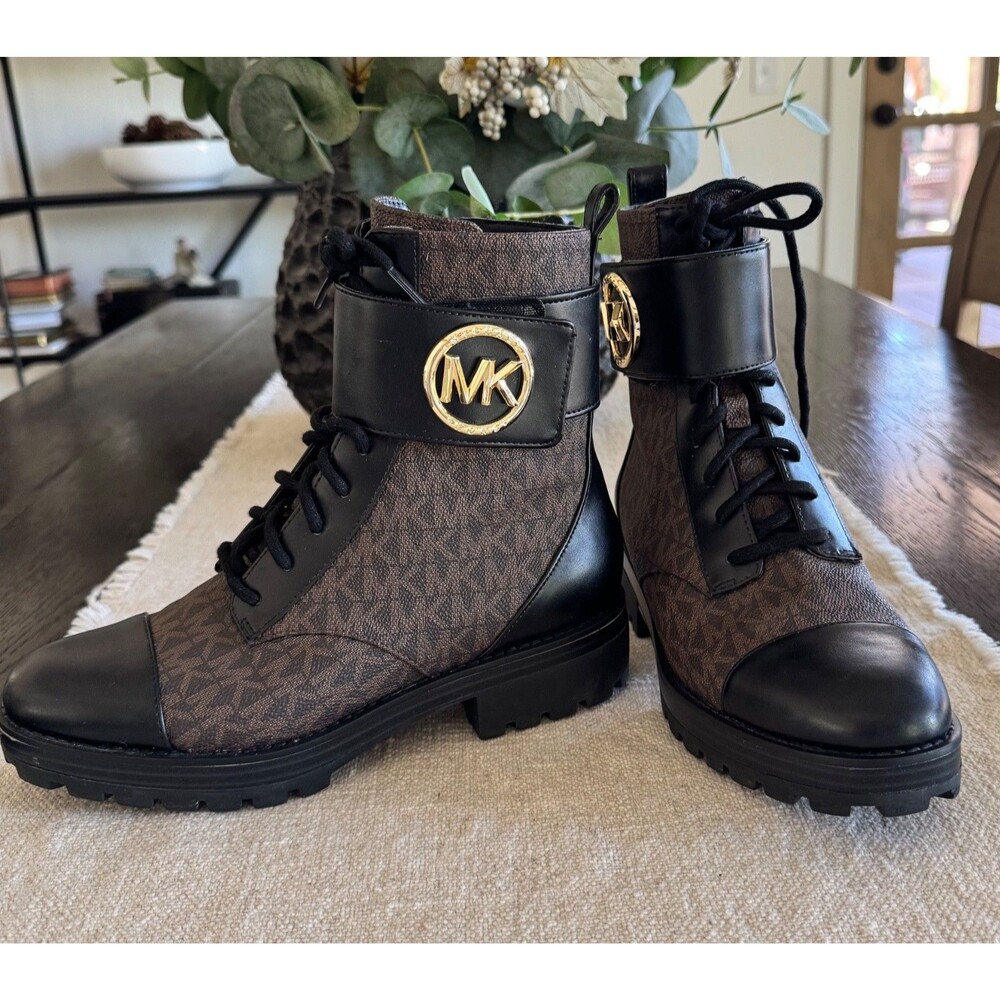 Michael Kors MK Tatum Logo Brown Black Leather Ankle Combat Boots Size 6.5 new